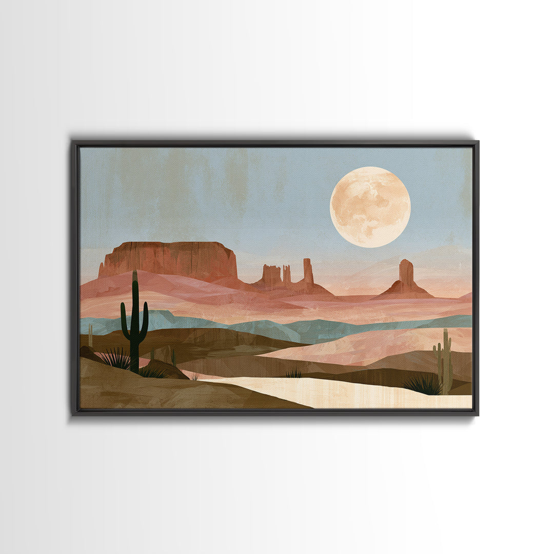 Desert Moon over Rolling Sand Framed Canvas Print, Desert Art, Modern Wall Art, Southwestern Decor, Oil Painting, Desert, DES-3x2-14