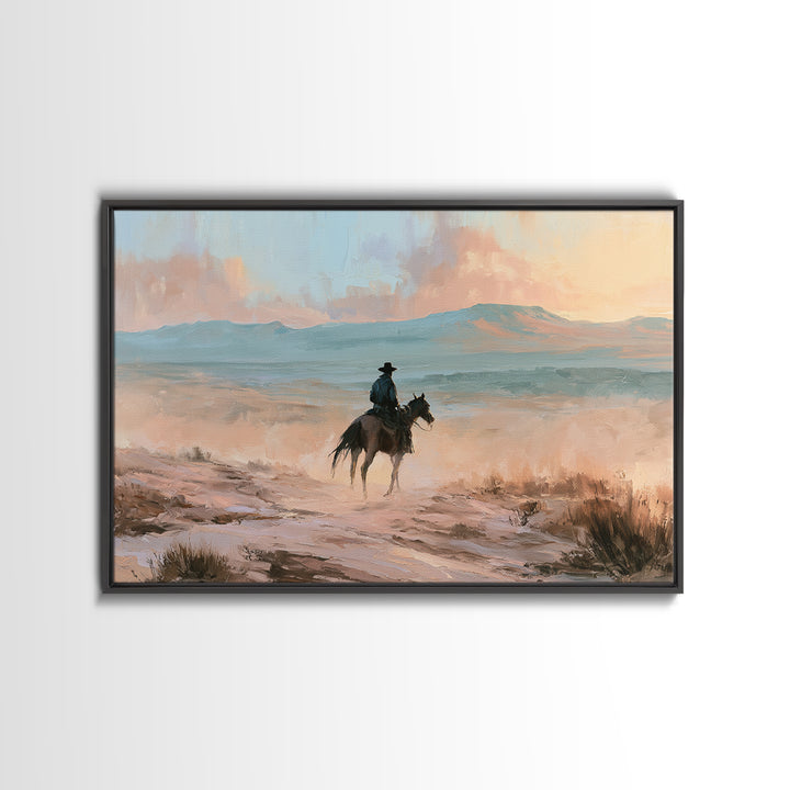Dusty Horseback Rider at Sunset Framed Canvas Print, Desert Art, Wall Art, Southwestern Decor, Desert, Apartment Decor, DES-3x2-27