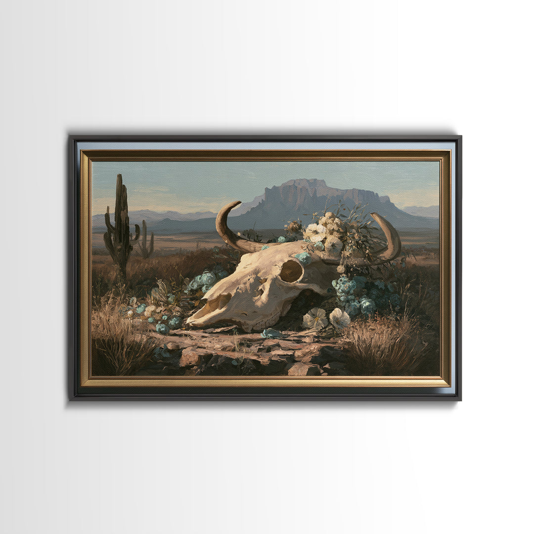Sun Bleached Skull and Desert Flowers Framed Canvas Print, Desert Art, Southwestern Decor, Watercolor Art, Desert, DES-3x2-40