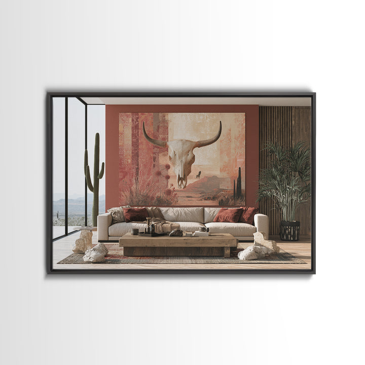 Sun Bleached Skull and Desert Flowers Framed Canvas Print, Desert Art, Original Painting, Southwestern Decor, Fine Art, Desert, DES-3x2-64