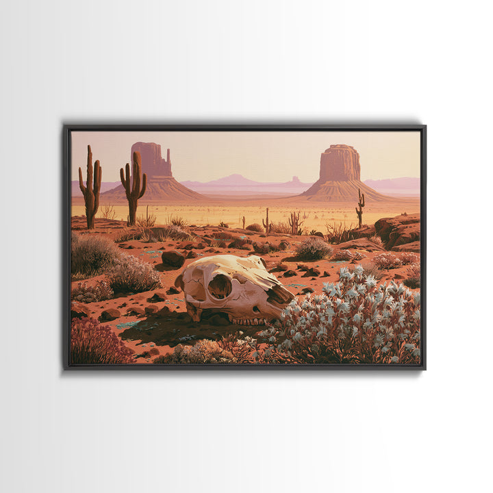 Sun Bleached Skull and Desert Flowers Canvas Print, Desert Art, Printable Art, Southwestern Decor, Oil Painting, Desert, DES-3x2-88
