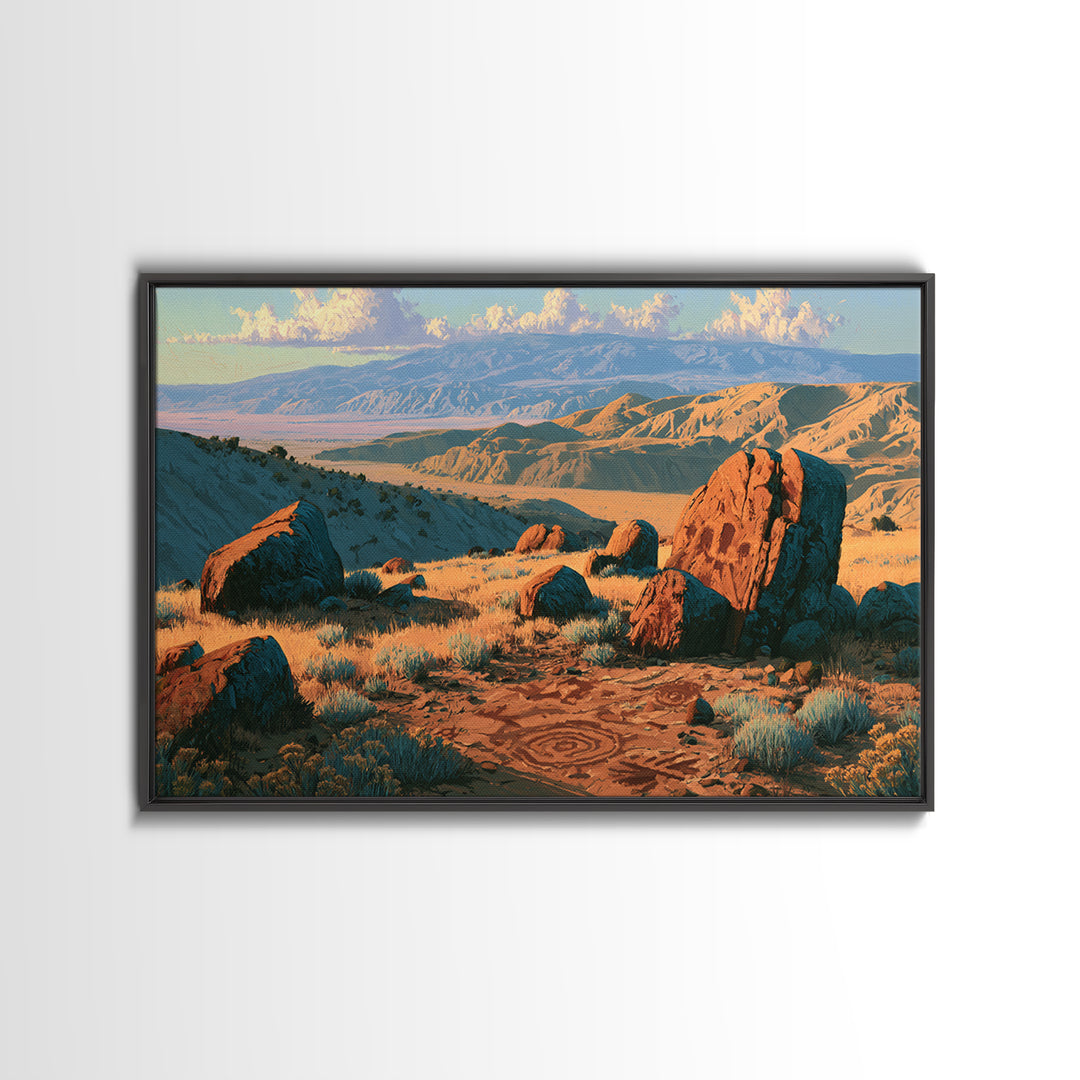 Ancient Desert Petroglyph Design Framed Canvas Print, Desert Art, Room Decor, Southwestern Decor, Desert, Abstract Wall Art, DES-3x2-97