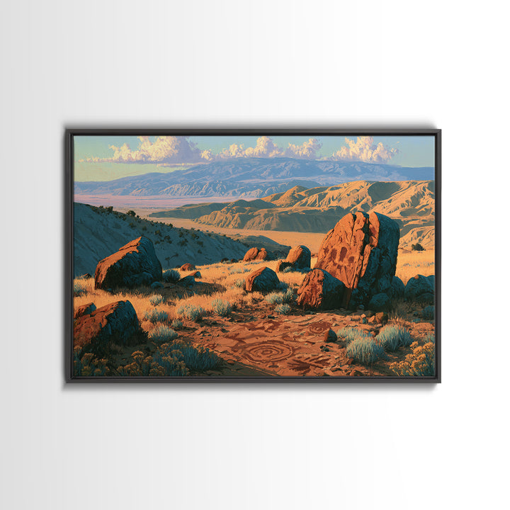 Ancient Desert Petroglyph Design Framed Canvas Print, Desert Art, Room Decor, Southwestern Decor, Desert, Abstract Wall Art, DES-3x2-97