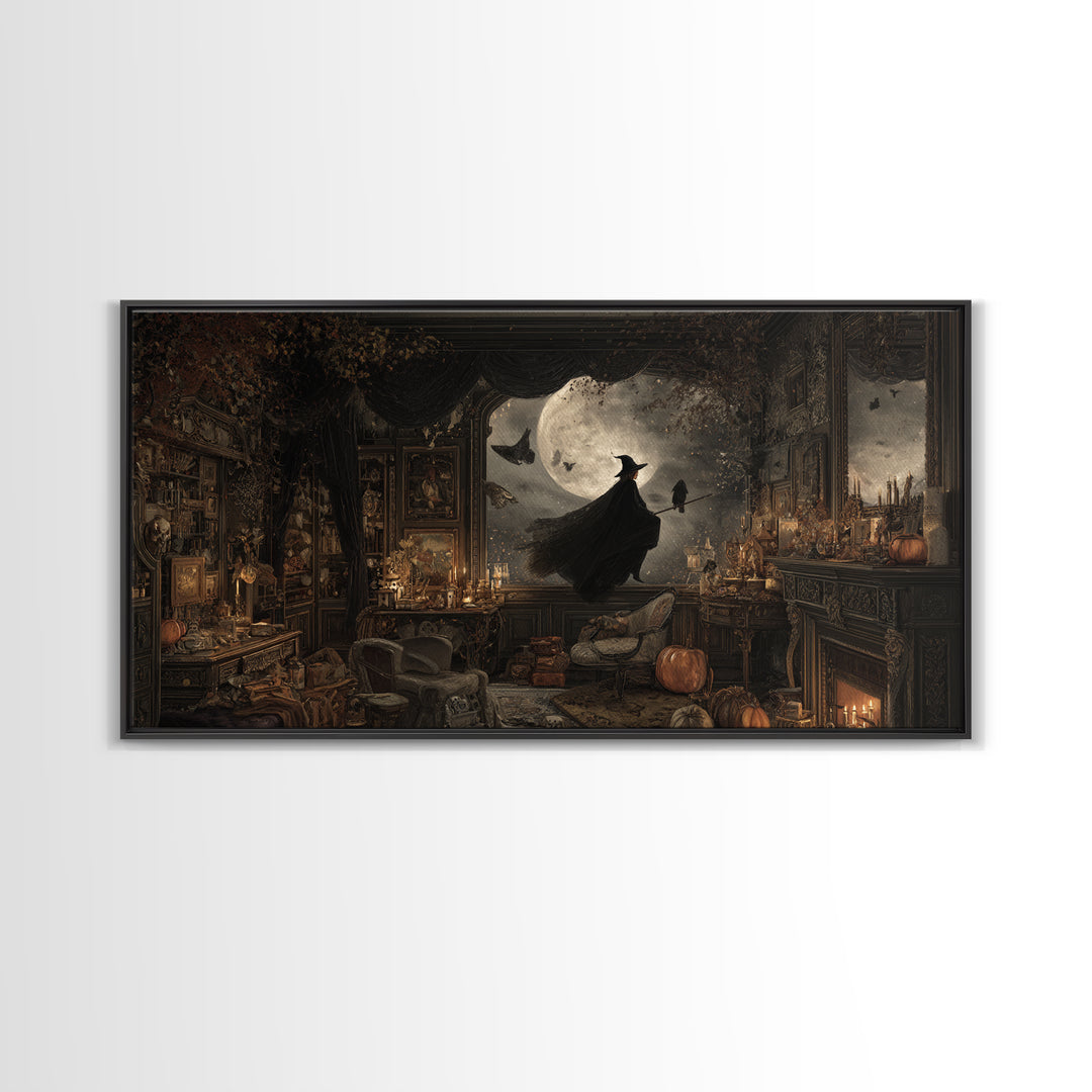 The Moonlit Witch, Wide Panoramic Art, Haunted Gothic Art, Framed Canvas Print, Halloween Wall Decor, Gothic Home Decor, Halloween Wall Art