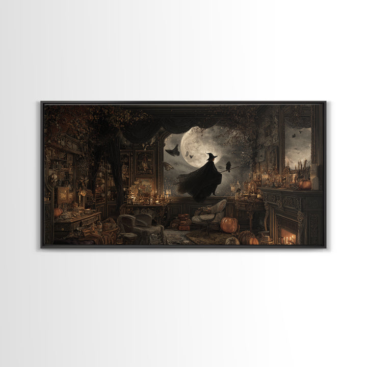 The Moonlit Witch, Wide Panoramic Art, Haunted Gothic Art, Framed Canvas Print, Halloween Wall Decor, Gothic Home Decor, Halloween Wall Art