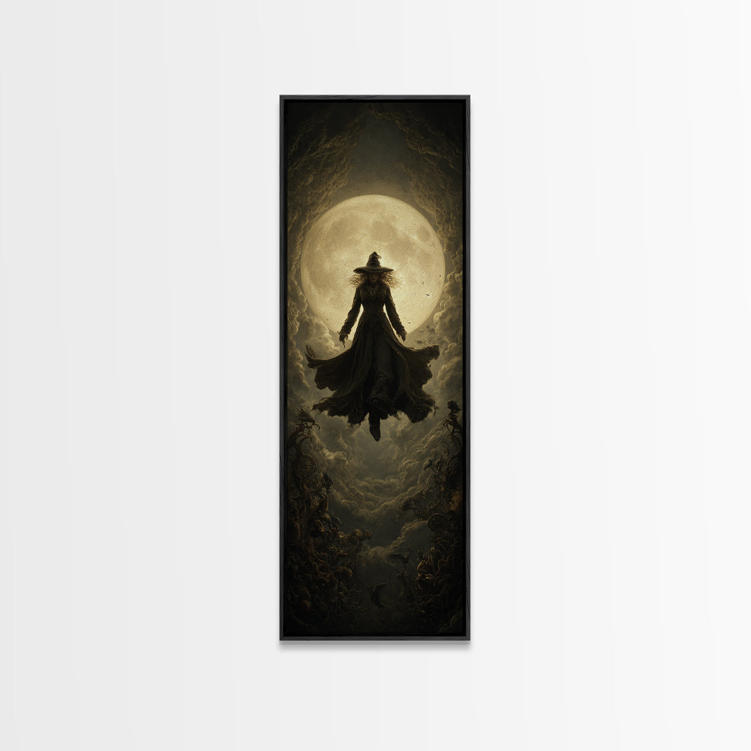 The Moonlit Witch, Tall Narrow Wall Art, Macabre Wall Art, Framed Canvas Print, Halloween Wall Decor, Gothic Home Decor, Halloween Wall Art