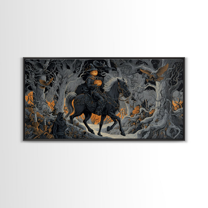 The Headless Horseman, Wide Panoramic Art, Dark Halloween Decor, Canvas Print, Halloween Wall Decor, Gothic Home Decor, Dark Fantasy Art