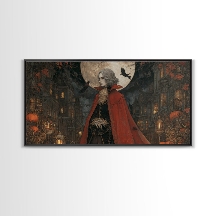 The Crimson Vampire, Wide Panoramic Art, Haunted Gothic Art, Framed Canvas Print, Halloween Wall Decor, Gothic Home Decor, Spooky Wall Decor