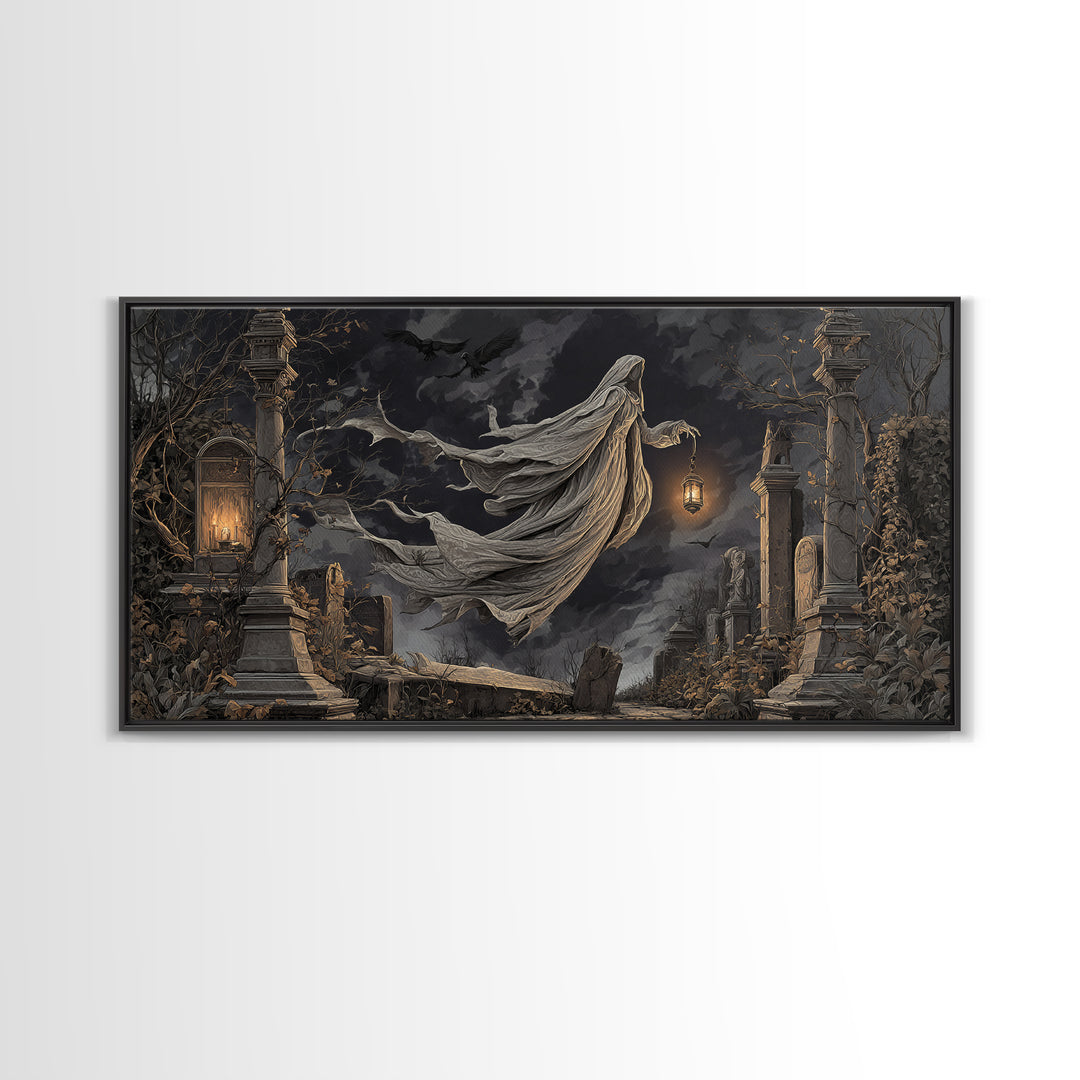 The Graveyard Ghost, Wide Panoramic Art, Gothic Horror Wall Art, Framed Canvas Print, Halloween Wall Decor, Gothic Home Decor