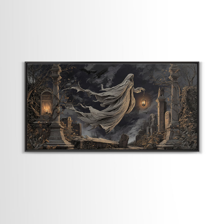 The Graveyard Ghost, Wide Panoramic Art, Gothic Horror Wall Art, Framed Canvas Print, Halloween Wall Decor, Gothic Home Decor