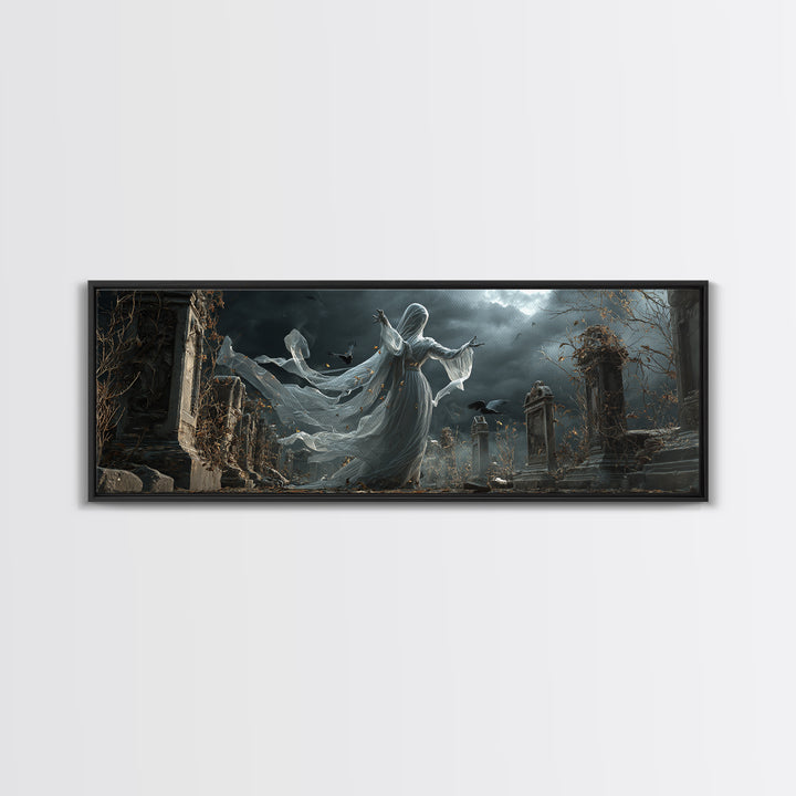 The Graveyard Ghost, Extra Wide Wall Art, Macabre Wall Art, Framed Canvas Print, Halloween Wall Decor, Gothic Home Decor