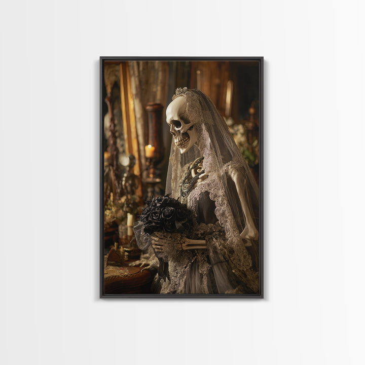 The Skeletal Bride, Vertical Wall Art, Macabre Wall Art, Framed Canvas Print, Halloween Wall Decor, Gothic Home Decor, Spooky Wall Decor