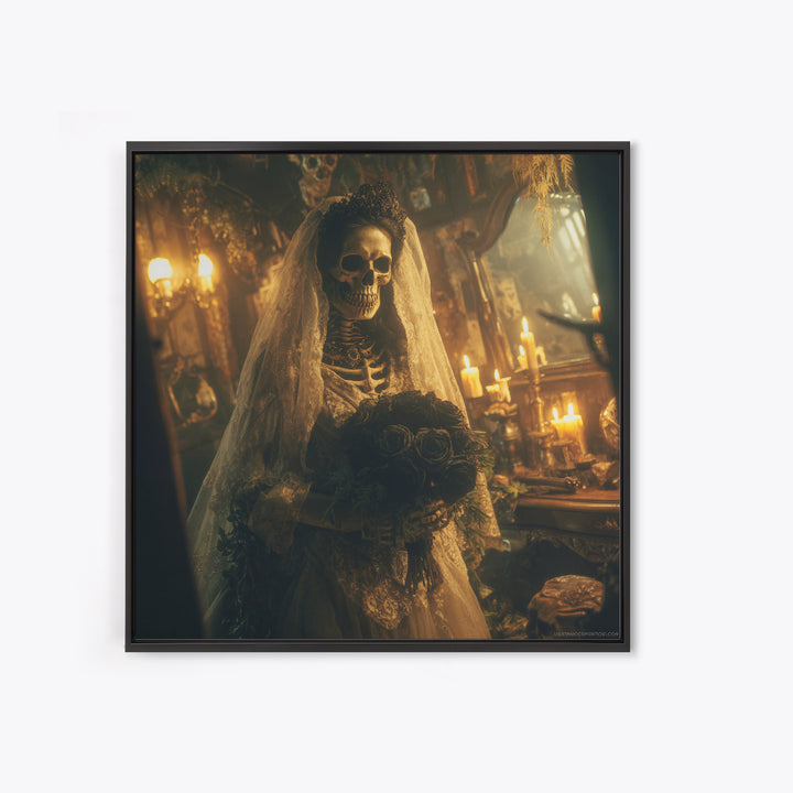 The Skeletal Bride, Square Wall Art, Haunted Gothic Art, Framed Canvas Print, Halloween Wall Decor, Gothic Home Decor, Macabre Wall Art