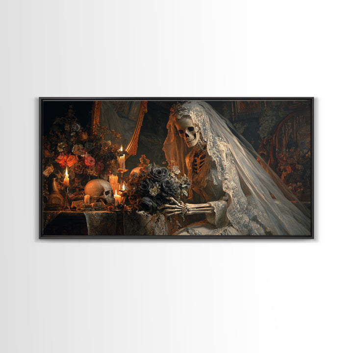 The Skeletal Bride, Wide Panoramic Art, Haunted Gothic Art, Framed Canvas Print, Halloween Wall Decor, Gothic Home Decor, Dark Fantasy Art