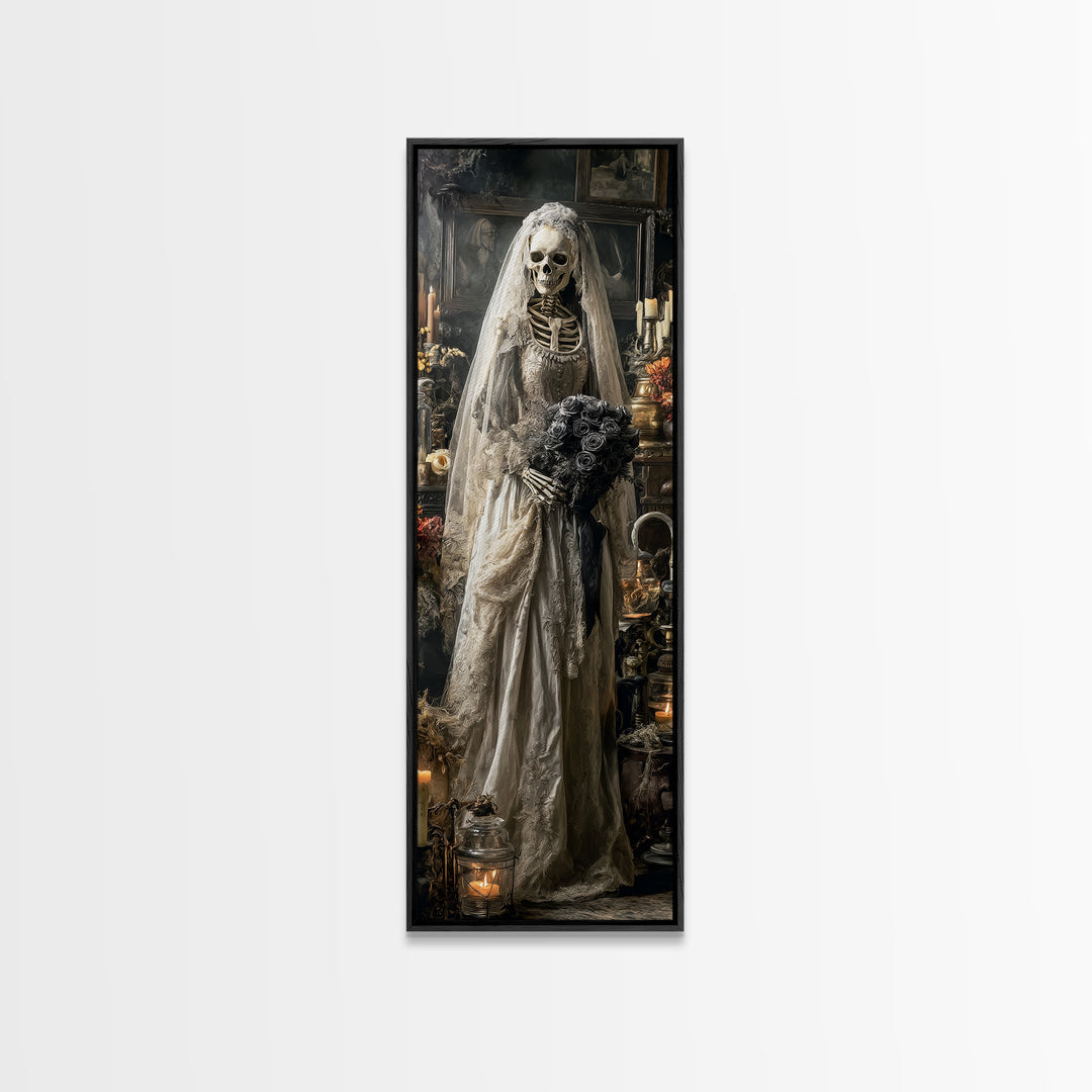 The Skeletal Bride, Tall Narrow Wall Art, Macabre Wall Art, Framed Canvas Print, Halloween Wall Decor, Gothic Home Decor, Halloween Decor