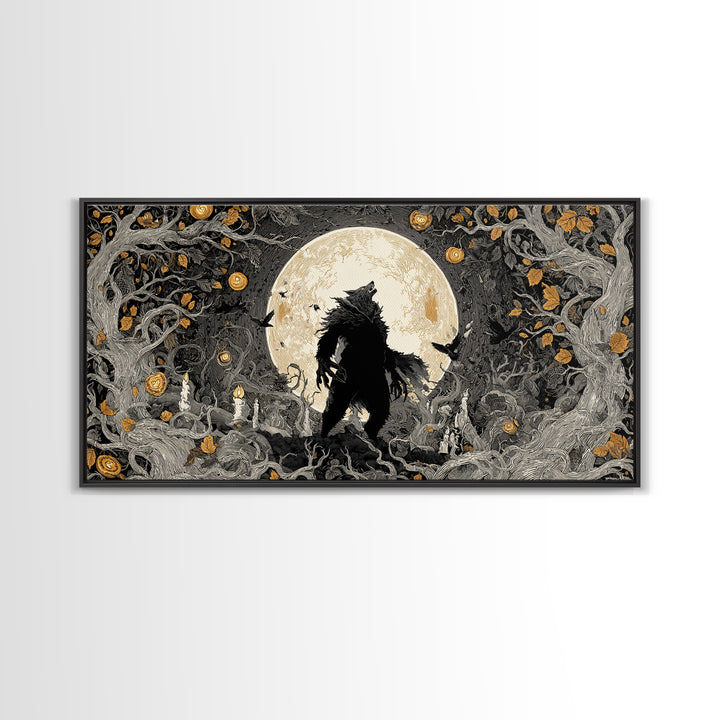 The Moon-Cursed Werewolf, Wide Panoramic Art, Macabre Wall Art, Framed Canvas Print, Halloween Wall Decor, Gothic Home Decor