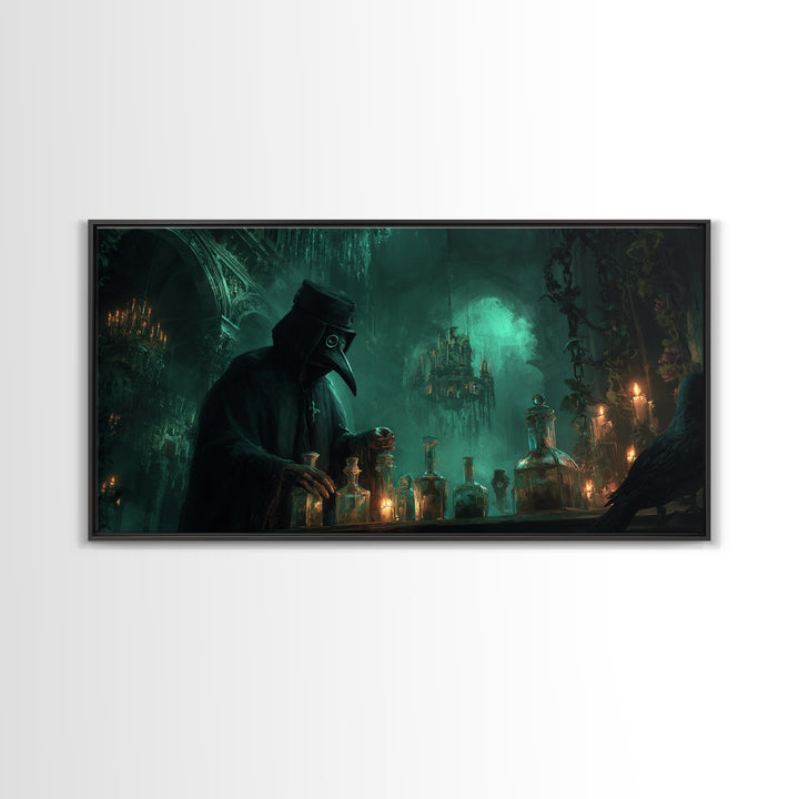 The Plague Doctor, Wide Panoramic Art, Macabre Wall Art, Framed Canvas Print, Halloween Wall Decor, Gothic Home Decor, Halloween Wall Art