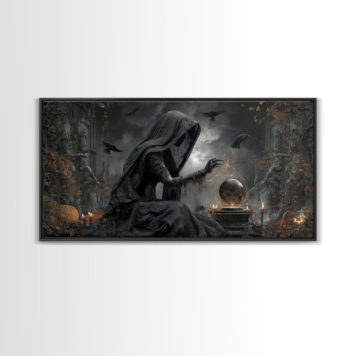 The Midnight Fortune Teller, Wide Panoramic Art, Macabre Wall Art, Framed Canvas Print, Halloween Wall Decor, Gothic Home Decor