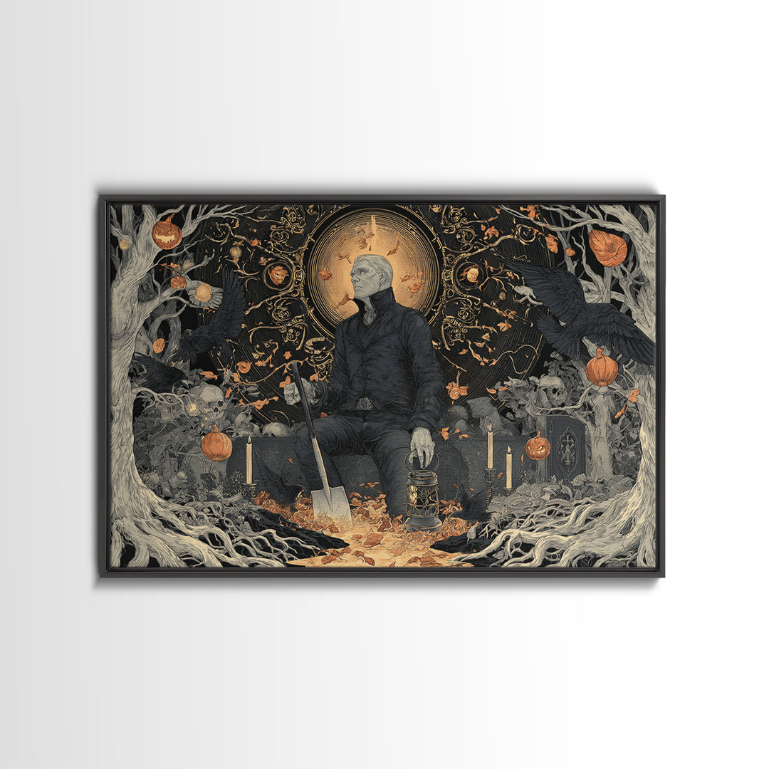 The Lantern Gravedigger, Landscape Wall Art, Gothic Horror Wall Art, Framed Canvas Print, Halloween Wall Decor, Gothic Home Decor