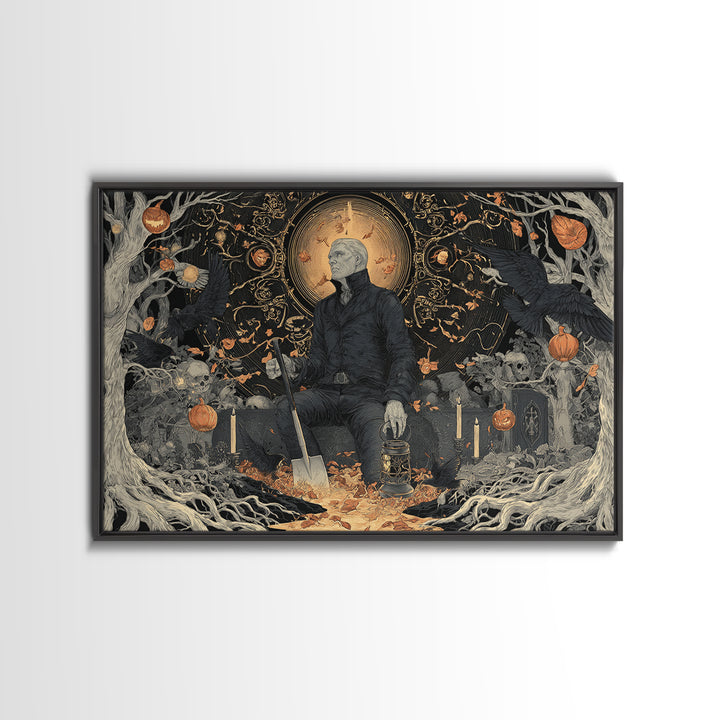 The Lantern Gravedigger, Landscape Wall Art, Gothic Horror Wall Art, Framed Canvas Print, Halloween Wall Decor, Gothic Home Decor