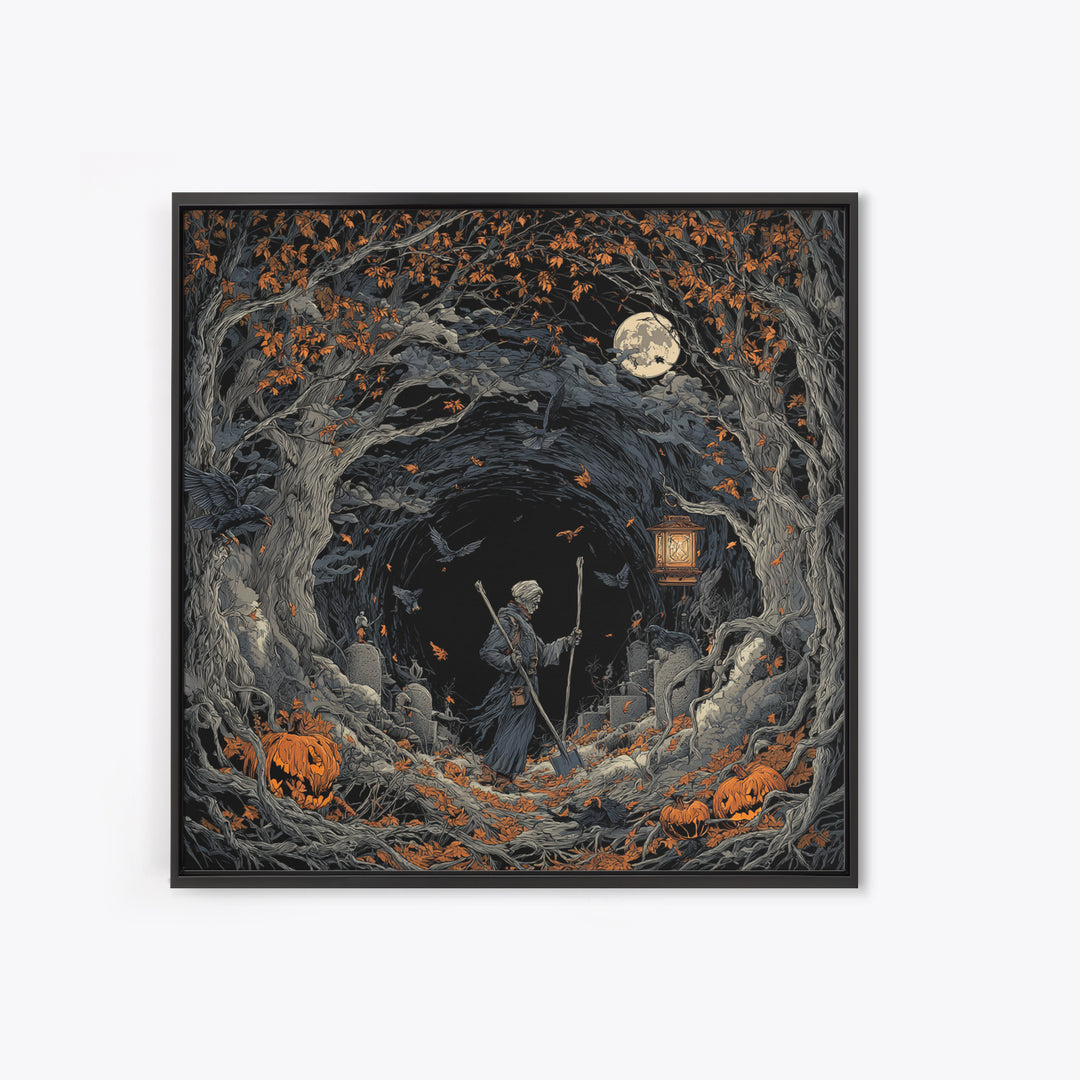 The Lantern Gravedigger, Square Wall Art, Dark Halloween Decor, Canvas Print, Halloween Wall Decor, Gothic Home Decor, Spooky Wall Decor