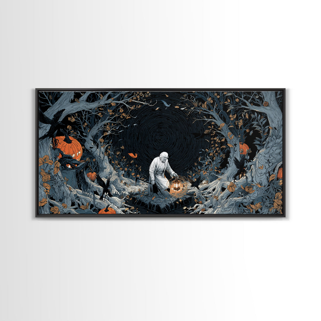 The Lantern Gravedigger, Wide Panoramic Art, Spooky Home Decor, Canvas Print, Halloween Wall Decor, Gothic Home Decor, Spooky Wall Decor