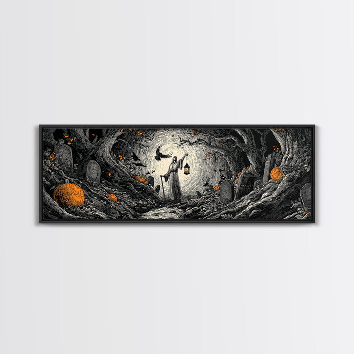 The Lantern Gravedigger, Extra Wide Wall Art, Gothic Horror Wall Art, Framed Canvas Print, Halloween Wall Decor, Gothic Home Decor