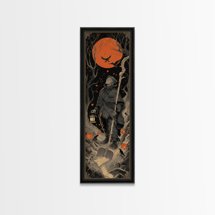 The Lantern Gravedigger, Tall Narrow Wall Art, Macabre Wall Art, Framed Canvas Print, Halloween Wall Decor, Gothic Home Decor
