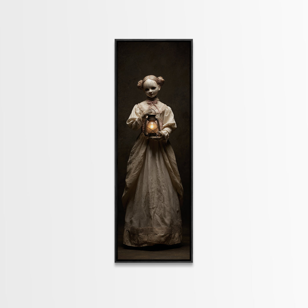 The Haunted Porcelain Doll, Tall Narrow Wall Art, Macabre Wall Art, Framed Canvas Print, Halloween Wall Decor, Gothic Home Decor