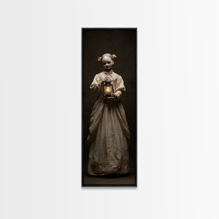 The Haunted Porcelain Doll, Tall Narrow Wall Art, Macabre Wall Art, Framed Canvas Print, Halloween Wall Decor, Gothic Home Decor