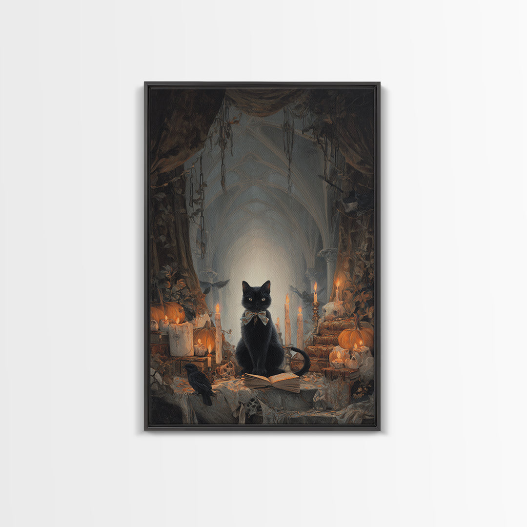 The Black Cat Familiar, Vertical Wall Art, Gothic Horror Wall Art, Framed Canvas Print, Halloween Wall Decor, Gothic Home Decor