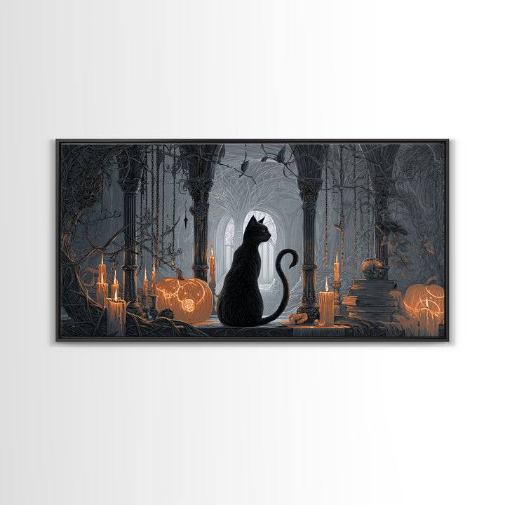 The Black Cat Familiar, Wide Panoramic Art, Haunted Gothic Art, Framed Canvas Print, Halloween Wall Decor, Gothic Home Decor