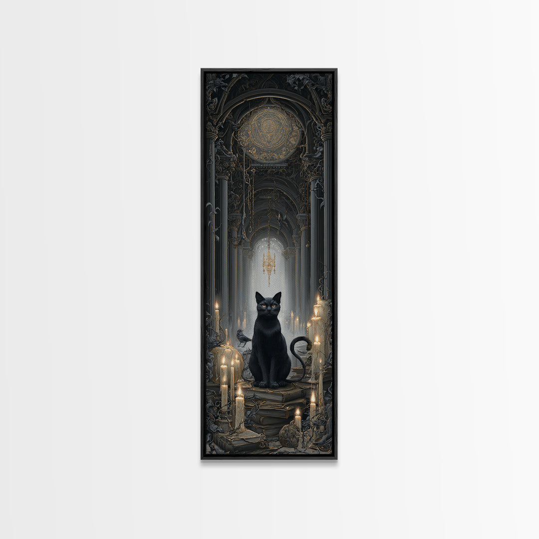 The Black Cat Familiar, Tall Narrow Wall Art, Dark Fantasy Wall Art, Canvas Print, Halloween Wall Decor, Gothic Home Decor