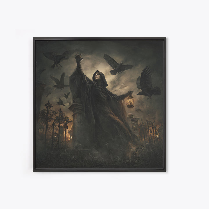 The Raven Keeper, Square Wall Art, Macabre Wall Art, Framed Canvas Print, Halloween Wall Decor, Gothic Home Decor, Halloween Wall Art