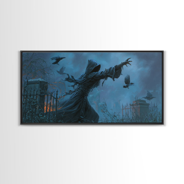 The Raven Keeper, Wide Panoramic Art, Dark Halloween Decor, Canvas Print, Halloween Wall Decor, Gothic Home Decor, Horror Wall Art