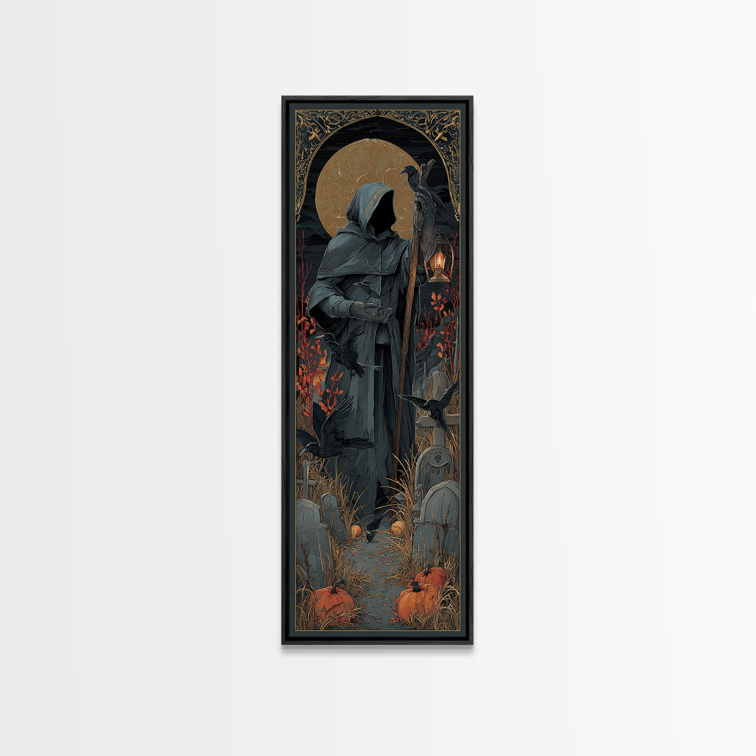 The Raven Keeper, Tall Narrow Wall Art, Haunted Gothic Art, Framed Canvas Print, Halloween Wall Decor, Gothic Home Decor, Halloween Wall Art