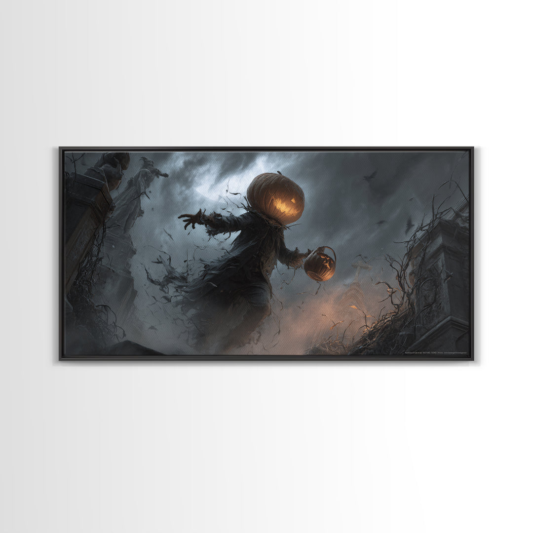 The Pumpkin-Headed Child, Wide Panoramic Art, Gothic Horror Wall Art, Framed Canvas Print, Halloween Wall Decor, Gothic Home Decor