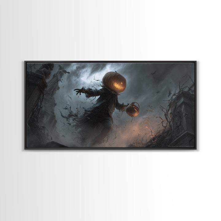 The Pumpkin-Headed Child, Wide Panoramic Art, Gothic Horror Wall Art, Framed Canvas Print, Halloween Wall Decor, Gothic Home Decor