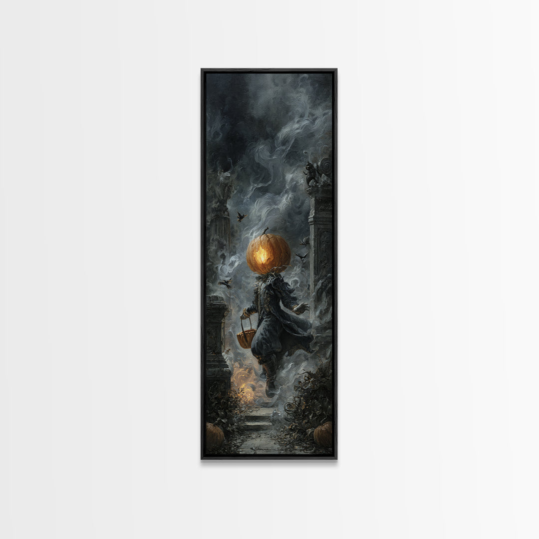 The Pumpkin-Headed Child, Tall Narrow Wall Art, Haunted Gothic Art, Framed Canvas Print, Halloween Wall Decor, Gothic Home Decor