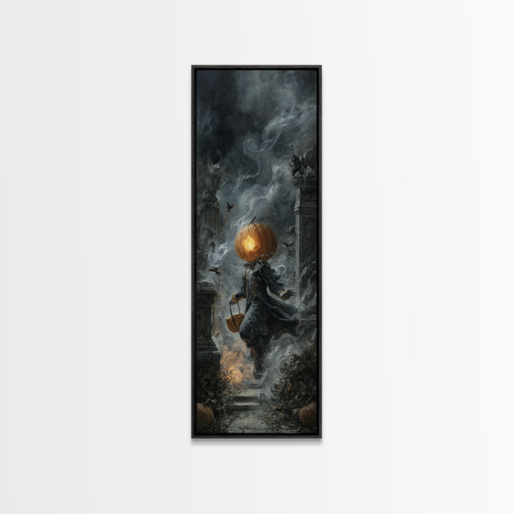 The Pumpkin-Headed Child, Tall Narrow Wall Art, Haunted Gothic Art, Framed Canvas Print, Halloween Wall Decor, Gothic Home Decor