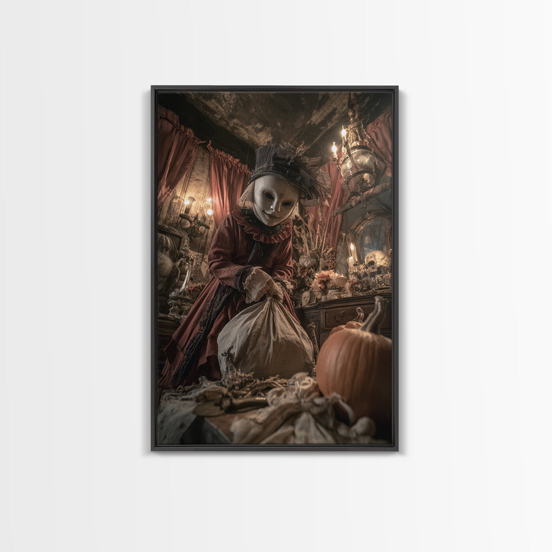 The Masked Candy Collector, Vertical Wall Art, Spooky Home Decor, Canvas Print, Halloween Wall Decor, Gothic Home Decor, Spooky Wall Decor