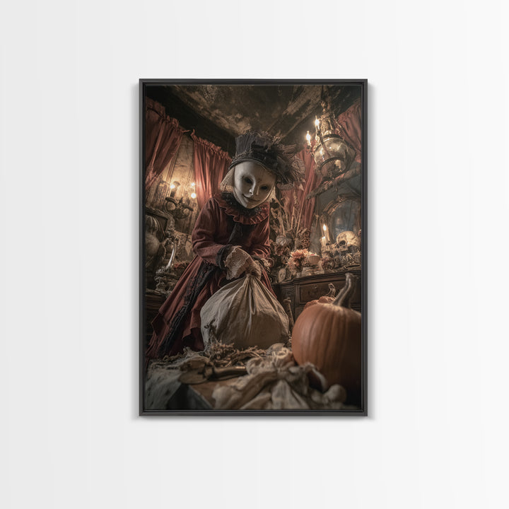 The Masked Candy Collector, Vertical Wall Art, Spooky Home Decor, Canvas Print, Halloween Wall Decor, Gothic Home Decor, Spooky Wall Decor