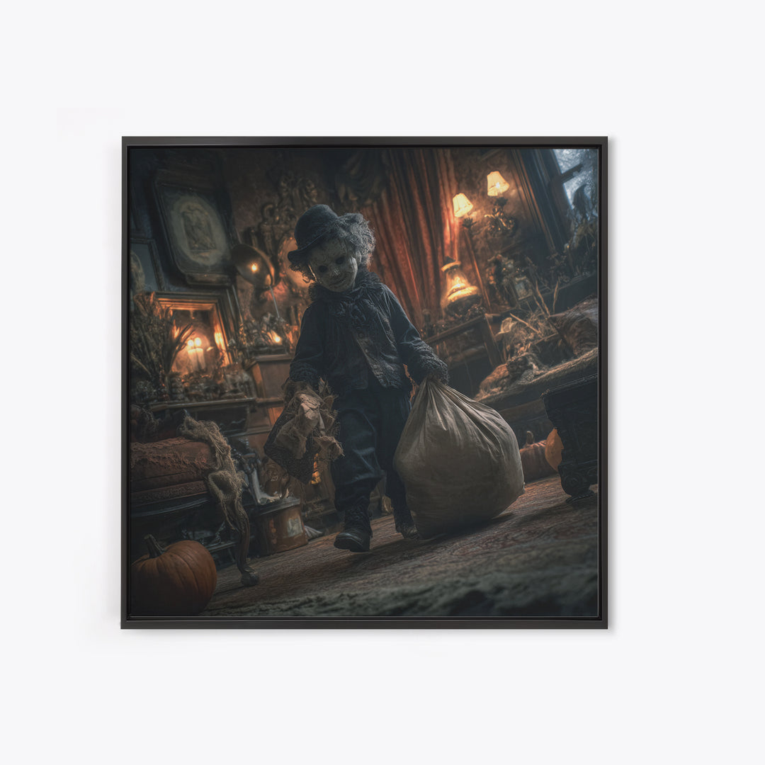 The Masked Candy Collector, Square Wall Art, Macabre Wall Art, Framed Canvas Print, Halloween Wall Decor, Gothic Home Decor