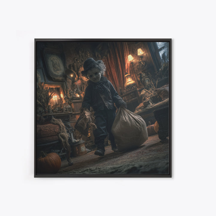 The Masked Candy Collector, Square Wall Art, Macabre Wall Art, Framed Canvas Print, Halloween Wall Decor, Gothic Home Decor