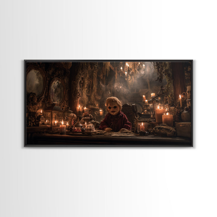 The Masked Candy Collector, Wide Panoramic Art, Dark Fantasy Wall Art, Canvas Print, Halloween Wall Decor, Gothic Home Decor