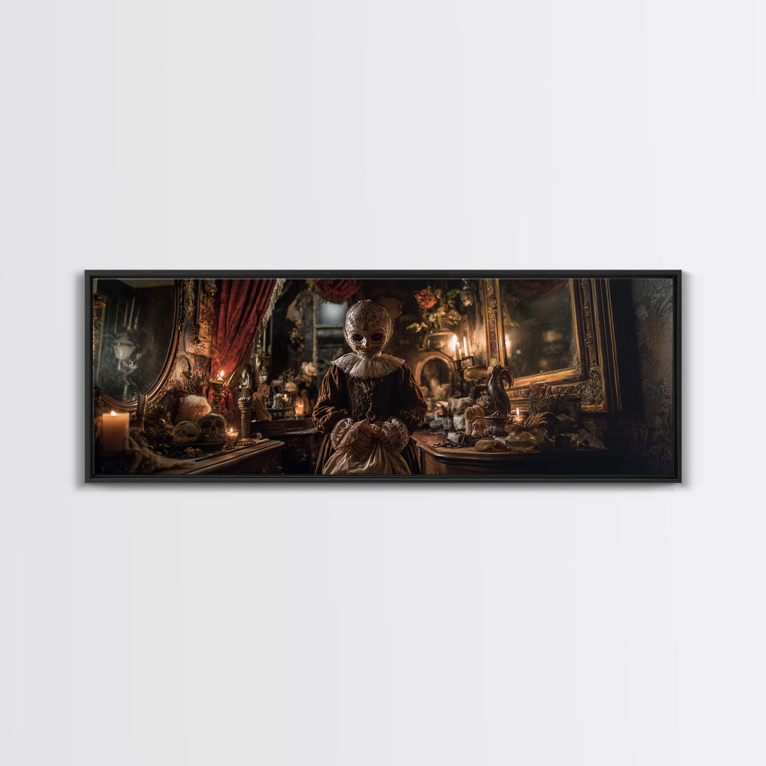 The Masked Candy Collector, Extra Wide Wall Art, Macabre Wall Art, Framed Canvas Print, Halloween Wall Decor, Gothic Home Decor