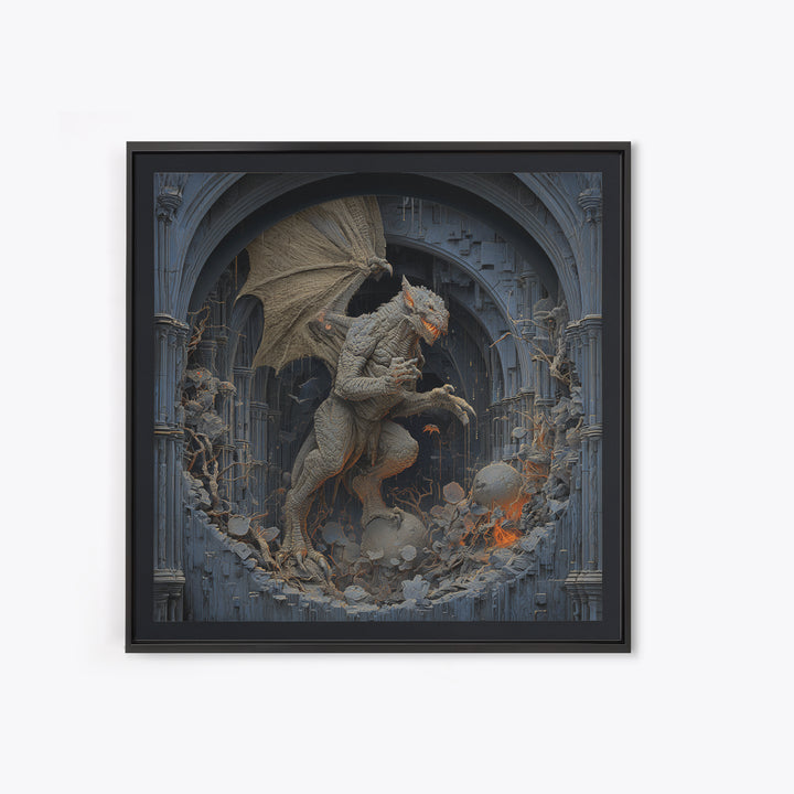The Gargoyle Sentinel, Square Wall Art, Haunted Gothic Art, Framed Canvas Print, Halloween Wall Decor, Gothic Home Decor, Statement Wall Art