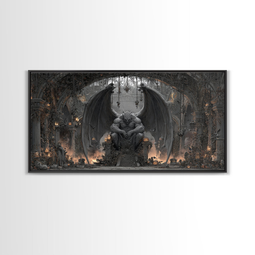 The Gargoyle Sentinel, Wide Panoramic Art, Gothic Horror Wall Art, Framed Canvas Print, Halloween Wall Decor, Gothic Home Decor