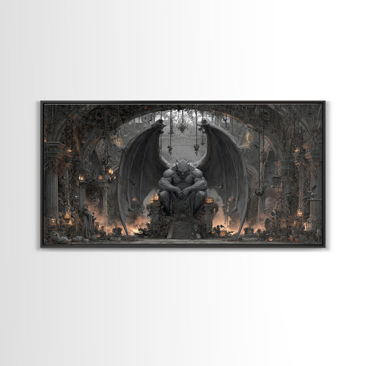 The Gargoyle Sentinel, Wide Panoramic Art, Gothic Horror Wall Art, Framed Canvas Print, Halloween Wall Decor, Gothic Home Decor