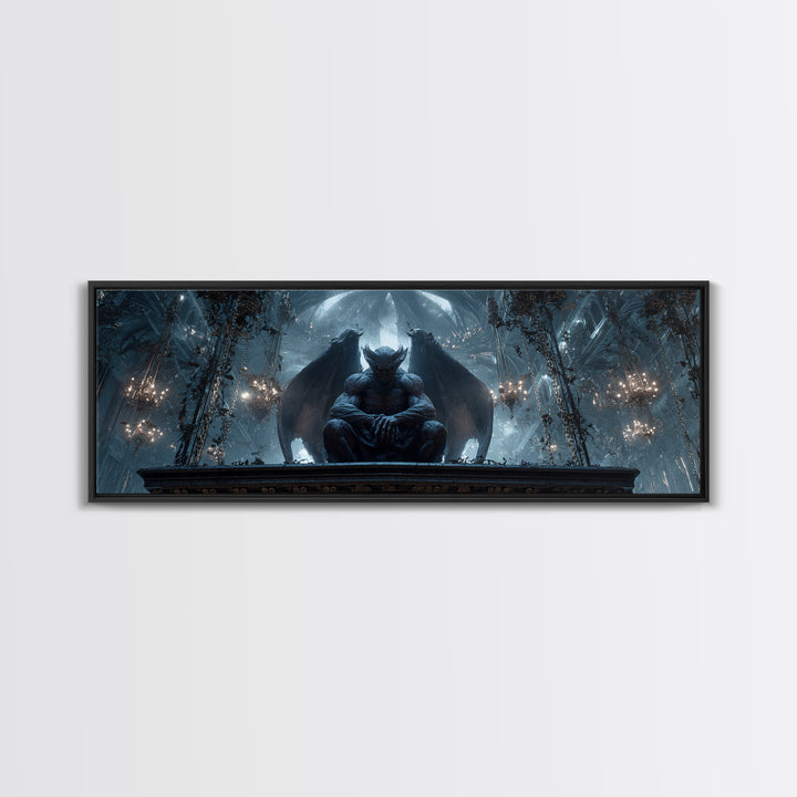 The Gargoyle Sentinel, Extra Wide Wall Art, Macabre Wall Art, Framed Canvas Print, Halloween Wall Decor, Gothic Home Decor, Halloween Decor